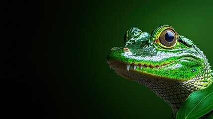 Fototapeta premium Close-Up of Vibrant Green Frog on Leaf Against Dark Background Highlighting Nature's Beauty and Detail