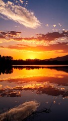 Obraz premium Vibrant sunset over calm lake, fiery colors reflected in still water, silhouetted trees and distant mountains