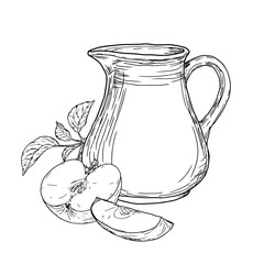 A jug of apple juice and ripe apples, a black and white sketch. Vector illustration. Ripe fruit sliced into slices and healthy drink isolated on white background. The theme of autumn, harvest and diet