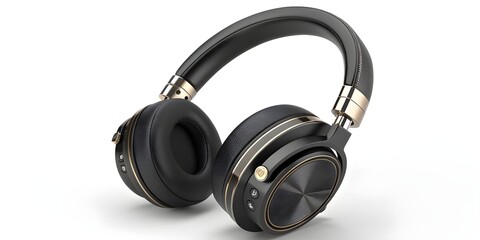 Black and gold wireless headphones isolated on white background for listening