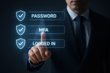 Securing Online Access: A man is seen in a formal suit clicking a touch screen with MFA highlighted, symbolizing advanced digital protection, enhancing security.