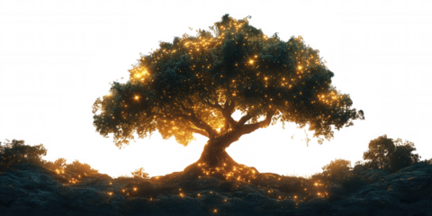 Magical glowing tree with warm golden lights and ethereal mist at its base representing fantasy enchantment and wonder isolated on transparent background