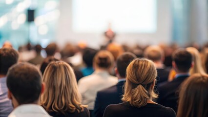 Obraz premium Blurred audience at a conference — capturing energy and collective focus