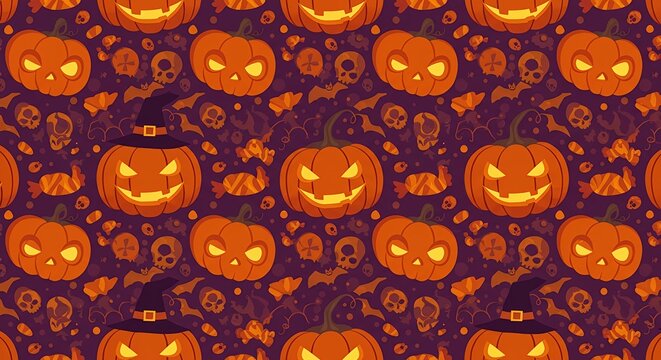 Spooky Handdrawn Pumpkin Candy Bat Seamless Pattern for Halloween Celebration