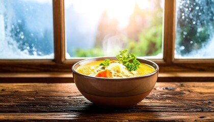 A rustic bowl of steaming, wintertime vegetable soup sits by a frosty window, showcasing a warm and comforting scene.