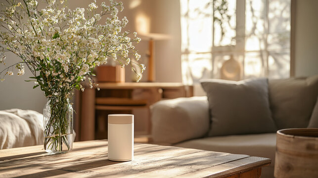 Front view of a product placed on a working table in a living room during midday. 