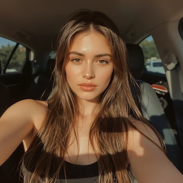 beautiful European young woman in car with black dress