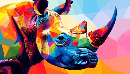 Vibrant rhinoceros portrait in a bold, geometric style.
