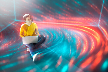 Woman engineer composing with laptop in futuristic digital data stream