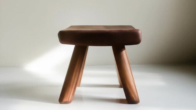 Close up stool with three legs in a minimalist setting on a white surface, dark brown seat and wooden legs. Clean and simple home furniture concept.