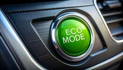 Obraz premium Close-up view of a modern car's eco mode button, showcasing a vibrant green circular control with metallic accents against a dark dashboard.