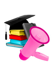 Bright collage. Stack of colorful books with graduation cap and pink megaphone symbolizing...