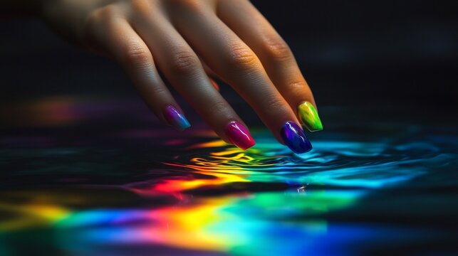 Close-up of a hand with vibrant, multicolored nails touching and creating ripples on a liquid surface.