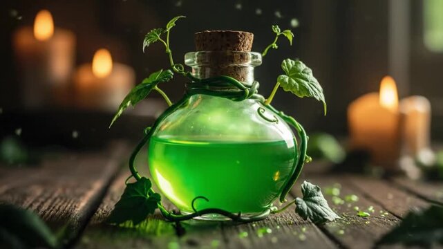 A magical glowing green potion in a corked glass bottle wrapped with vines on a rustic wooden table