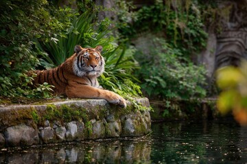 Majestic Tiger Resting by Water in Lush Green Habitat
