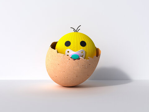 Cute 3d knitted baby emoji hatching from egg with pacifier and humor