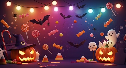 Charming Halloween Night Scene with Festive Pumpkins, Bats, Candy, and Lights 3D Render