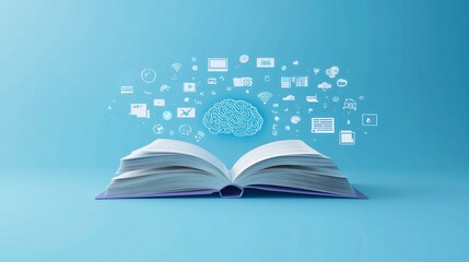 Rendered image of an open book with digital icons floating above a brain illustration, representing learning and knowledge