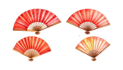 Traditional Chinese and Japanese paper fans set on white background
