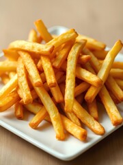 Crispy golden french fries piled on a white square plate, served on a wooden surface, perfect for casual dining
