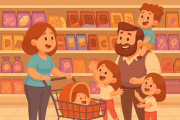Parents with kids in the candy and chocolate aisle; children asking for sweets. Bright flat vector scene for retail promos and parenting articles