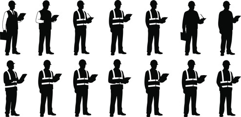 Construction engineers and workers silhouettes wearing hard hats and safety vests, holding clipboards, inspection team, site management, documentation, safety professionals
