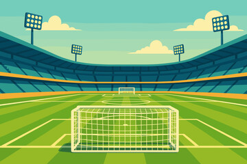 Modern football stadium in flat style with green pitch, center line and two goals placed opposite each other. Ideal background for sport posters, ads and UI