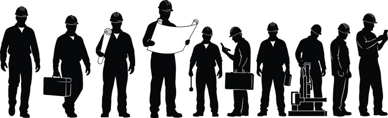 Construction and engineering worker silhouettes wearing hard hats using tools and blueprints, industrial teamwork, safety, machinery inspection, vector illustration set
