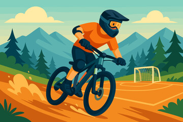 Stylized rider in helmet carving a berm on a mountain bike along a dirt trail with alpine landscape. Perfect for sport brands, events and posters