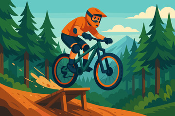 Dynamic flat illustration of a mountain biker flying off a wooden ramp in a dense pine forest. Great for posters, event ads and social content