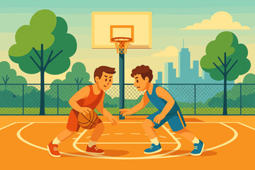 Two young players compete 1-on-1 on a half court. Flat colorful illustration for sport blogs, social media and advertising