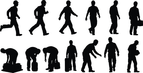 Construction worker silhouettes in hard hats, twelve poses walking, carrying, lifting, bending, job site labor actions, vector illustration set collection