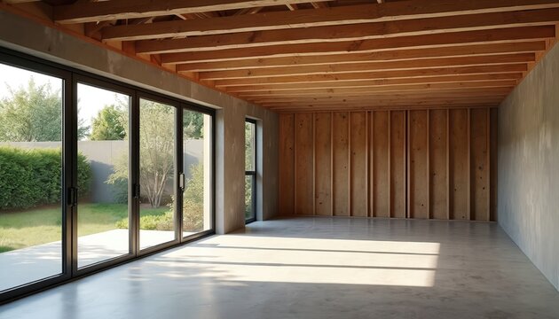 Modern home extension construction progress. Bare wood framing, concrete floors visible in unfinished room. Large glass doors open to green yard, showcasing architectural design for property upgrade.