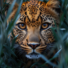 Obraz premium Leopard's face close-up amidst tall grass.