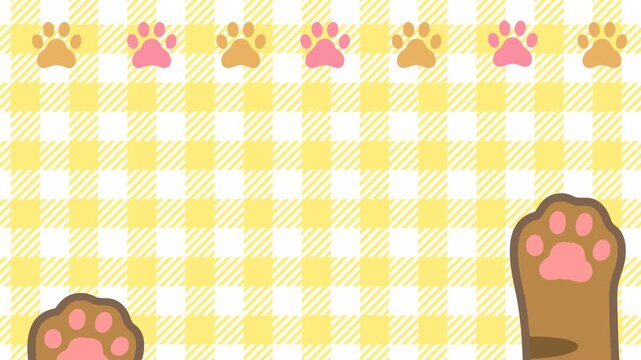 ネコの手と肉球モーションと黄色のチェック柄のループ背景