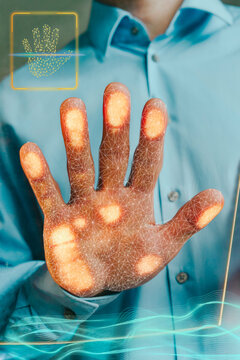 Biometric handprint scan on digital screen for security authentication