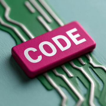 Close-up of 'CODE' key on green circuit board in vibrant colors.