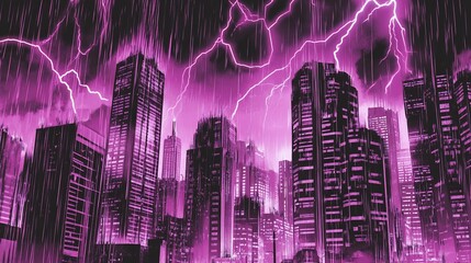 Vibrant magenta thunderstorm paints towering skyscrapers, rainfall, and electricity with vivid intensity.