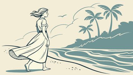 Woman walking on beach illustration vector art summer vacation travel destination tropical island scene art 100