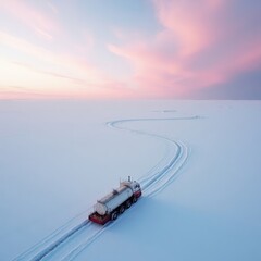 Drone photo of ice road built across frozen bay, fuel tanker cautiously navigating white terrain under pink Arctic sky.