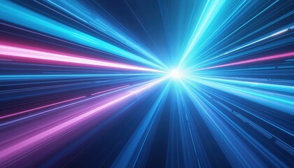 Fototapeta premium Dynamic abstract background features blurred speed lines in shades of blue and purple radiating from bright central point. This illustration conveys sense of futuristic technology and rapid motion.