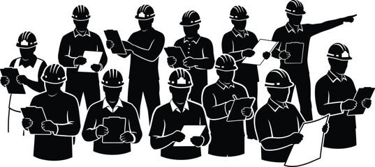 Silhouette construction team wearing hard hats holding clipboards, planning, inspecting, discussing projects, teamwork, coordination, professional industrial engineering meeting illustration set