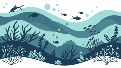 Ocean life scene with fish, dolphin, sea plants and bubbles vector illustration underwater world background