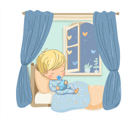 Sleeping child with pacifier in bed near window with heart shapes outside