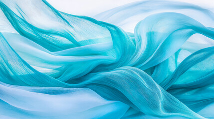 Obraz premium Abstract composition of ethereal translucent teal and blue fabric gracefully flowing in soft waves, creating delicate, fluid, and serene texture background