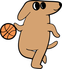 A cute cartoon dachshund dribbling a basketball, playful and happy expression.
