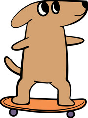 A cute brown cartoon dog with big eyes happily standing on an orange skateboard.