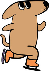 Cartoon dog with brown fur, wearing orange boots with purple blades, ice skating and smiling.
