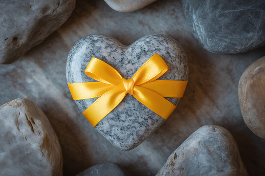 Heart Stone with Golden Ribbon A Symbol of Love and Anniversary, surrounded by pebbles. Perfect for Valentine's Day presents. 