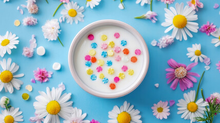 Bright springtime scene with white bowl of milky goodness topped with vibrant rainbow sprinkles, surrounded by delicate white daisies and colorful blossoms on sky blue background.